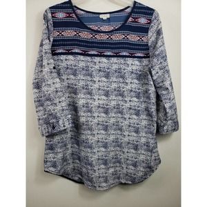 Antilia Femme Women's Sz Lg Blue white r Pullover 3/4Sleeve Blouse